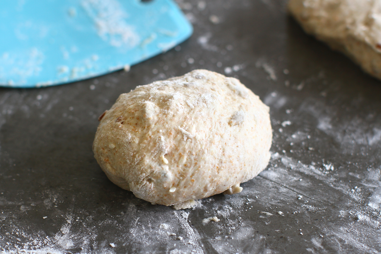 shaped bun of no knead multiseeds dough